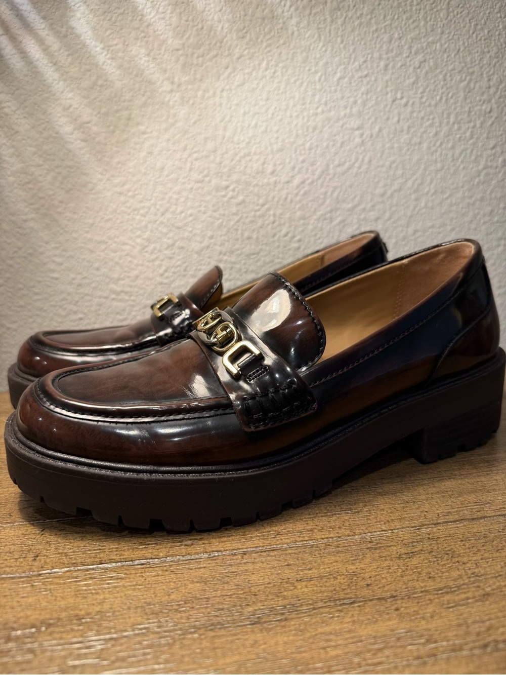 Sam Edelman Brown Patent Leather Lug-Sole Loafers with Gold Hardware